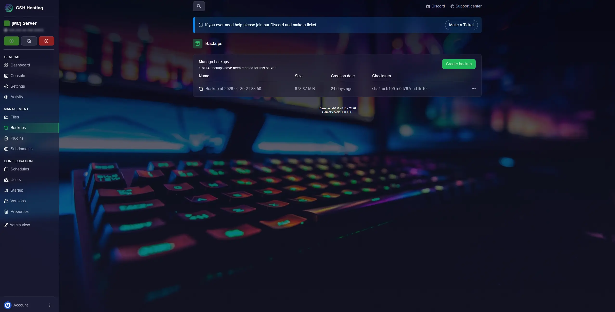 Game panel backup manager